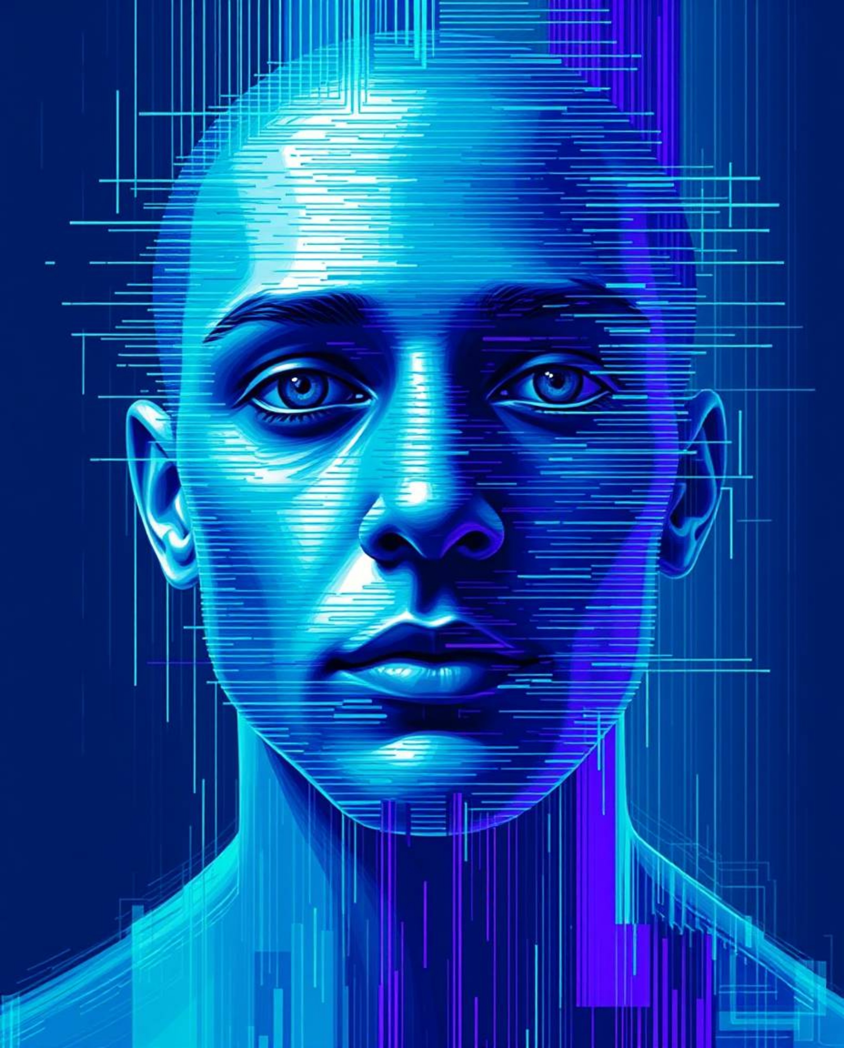 A captivating digital painting showcases a human face undergoing a mesmerizing transformation into a vibrant data stream.  Th