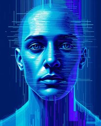 A captivating digital painting showcases a human face undergoing a mesmerizing transformation into a vibrant data stream.  Th