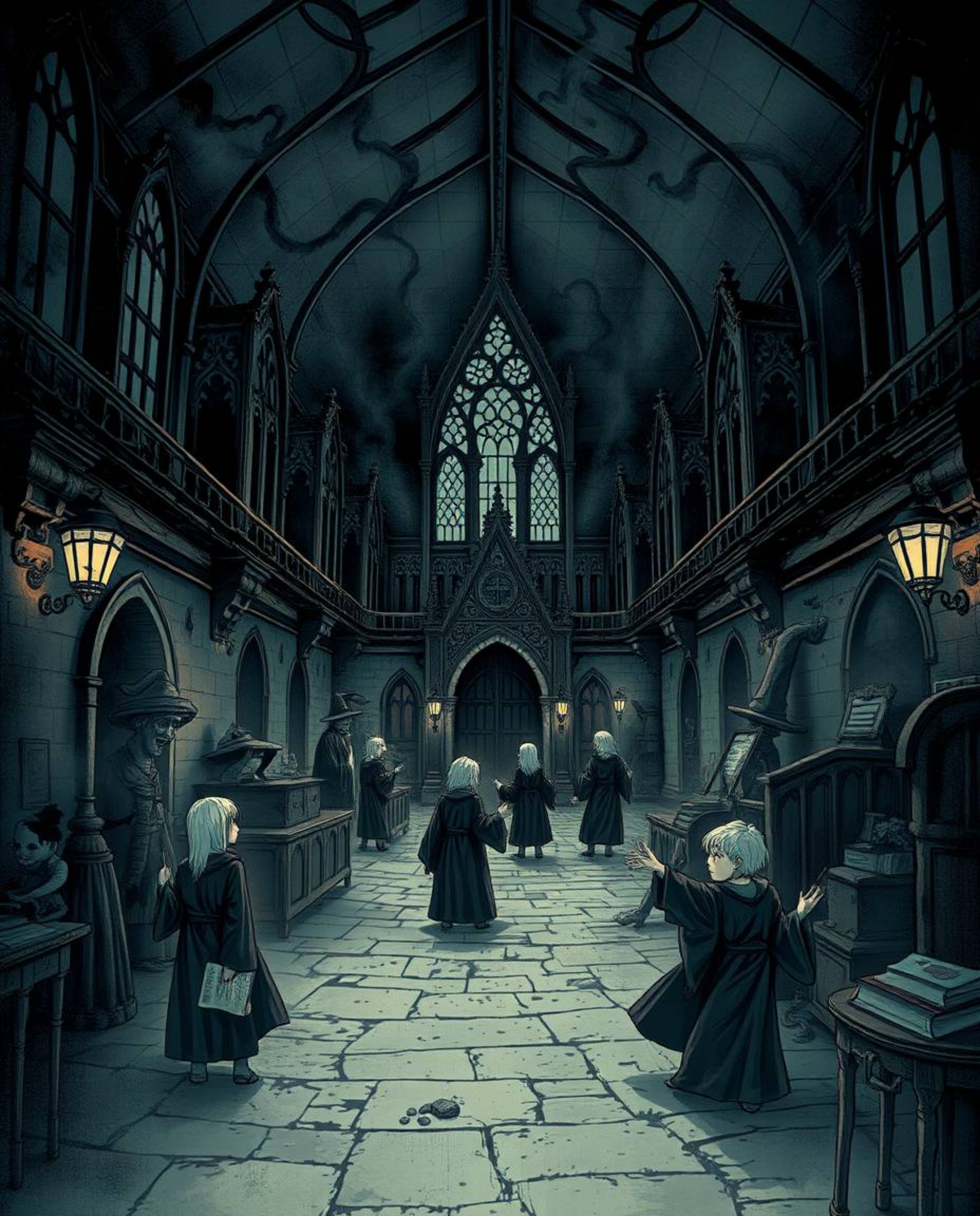This eerie illustration depicts a magical school teeming with young wizards, rendered in unsettling dark tones and filled wit