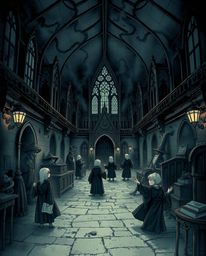 This eerie illustration depicts a magical school teeming with young wizards, rendered in unsettling dark tones and filled wit