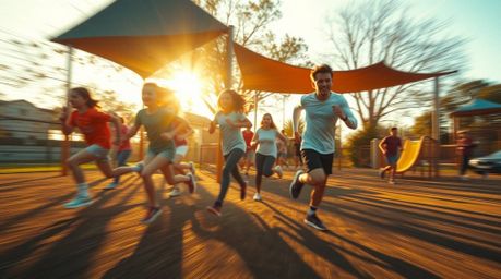 Experience a dramatic slow-motion run through a playground bathed in a warm golden glow. This visually stunning scene feature