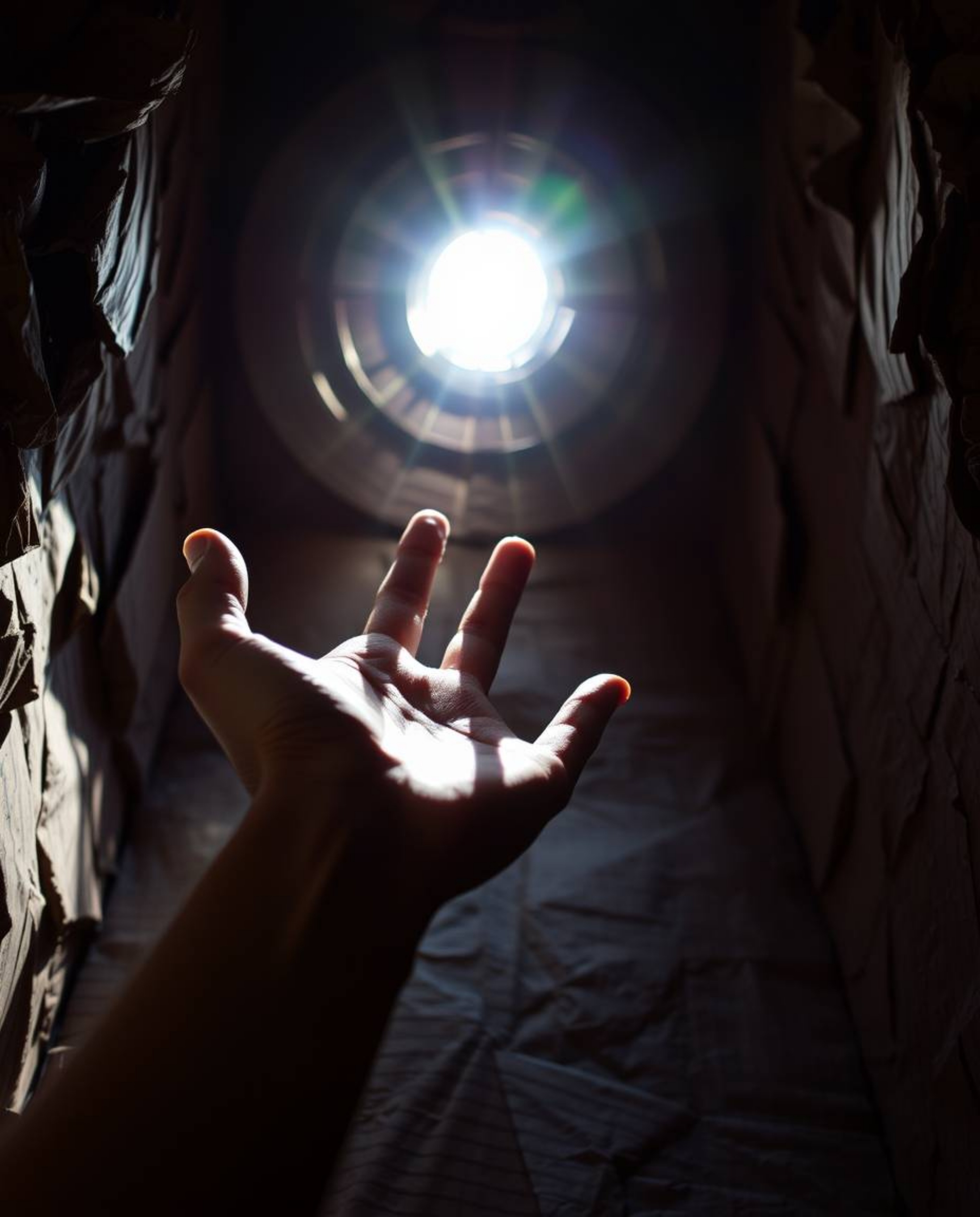 A captivating image depicting a hand emerging from darkness towards a light source.  Crafted from layered papier-mâché, the a