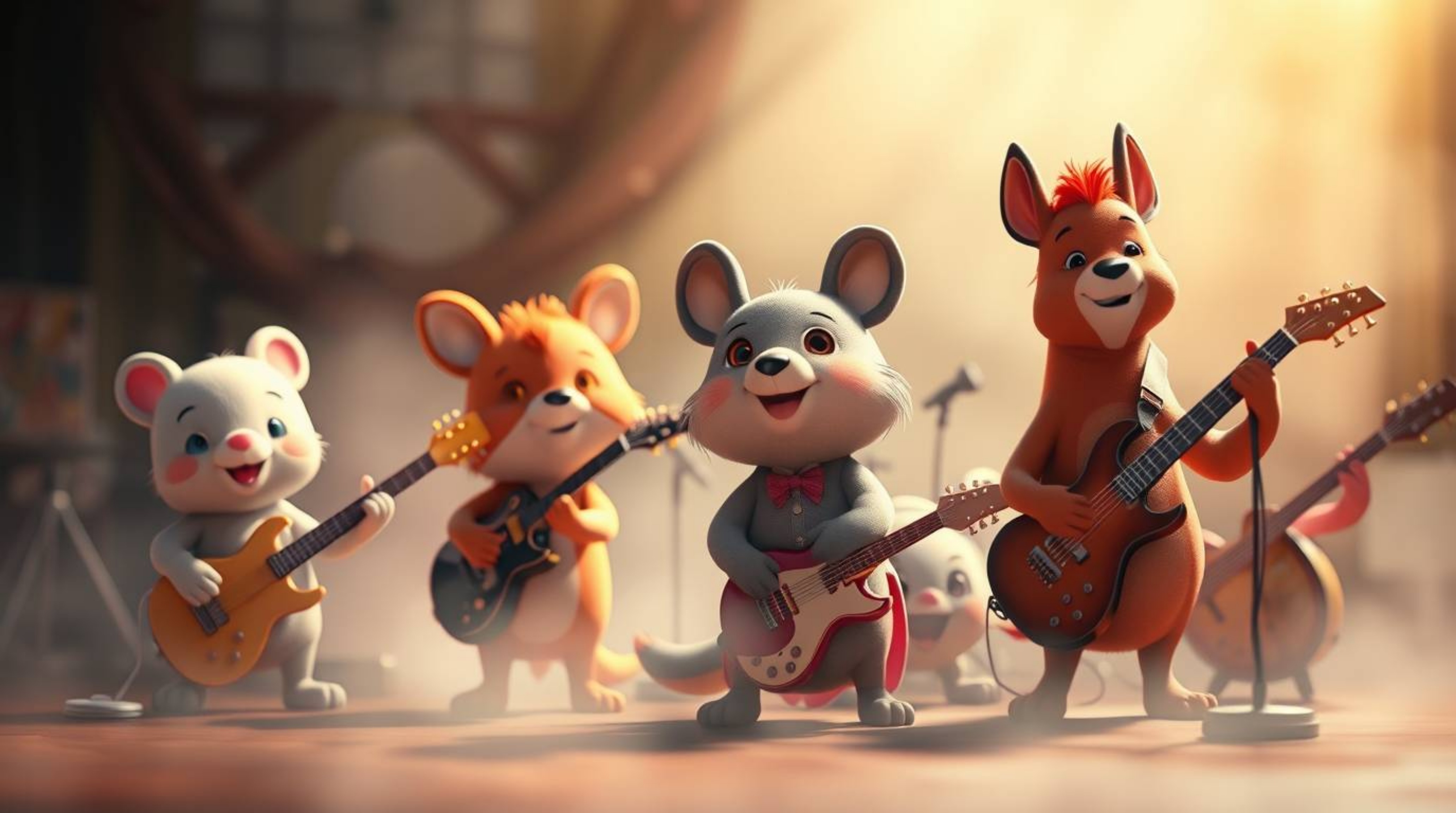 A captivating image of a cartoon animal rock band performing in a soft-focus, hazy setting.  The cinematic lighting and muted