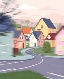 This artwork features a modern flat design illustration of a sleepy town with pastel-colored houses, incorporating dynamic mo