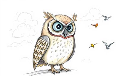 This captivating hand-drawn sketch depicts a wise, blind owl in Pixar style, distinguished by soft, textured feathers and a k