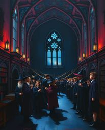 An elegant oil painting depicting a magical school bustling with young wizards, rendered in a sophisticated style. The artwor
