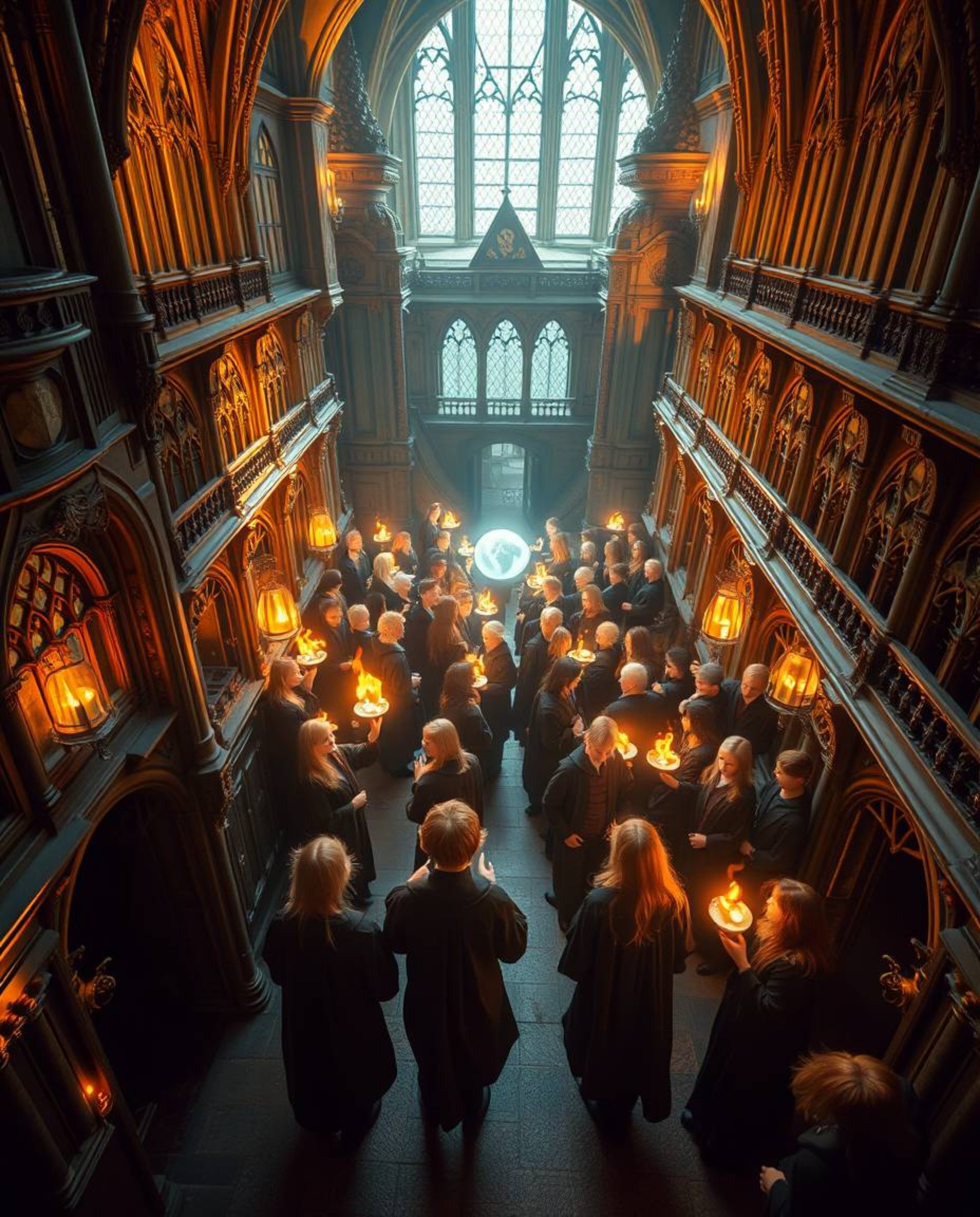 Immerse yourself in a breathtaking high-angle perspective of a magical school, bathed in a warm golden glow. Witness radiant 