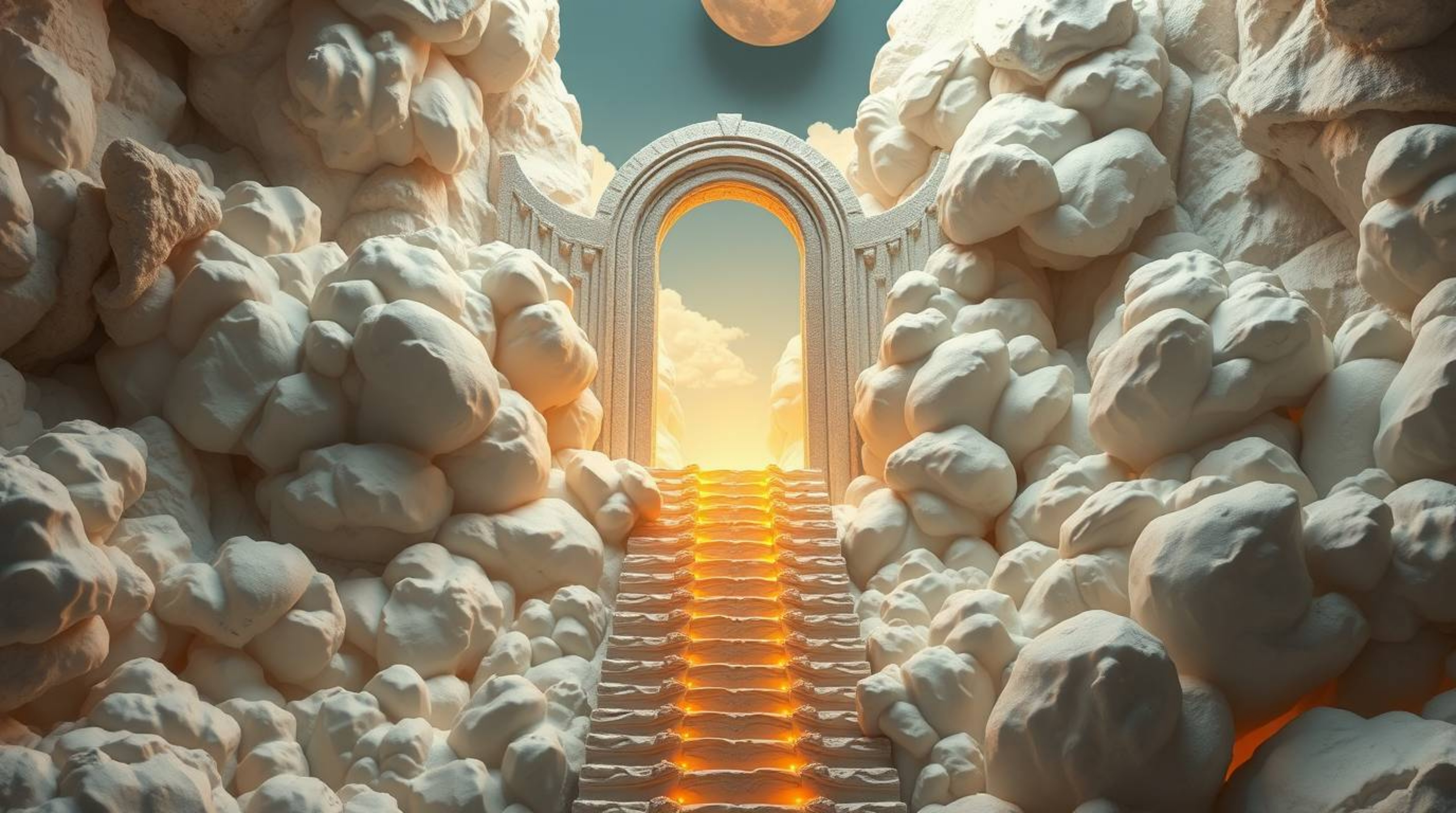 A breathtaking clay sculpture depicts a majestic heavenly gate floating above clouds, with stairs ascending towards golden li