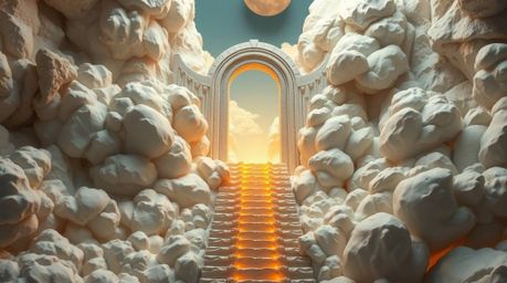 A breathtaking clay sculpture depicts a majestic heavenly gate floating above clouds, with stairs ascending towards golden li