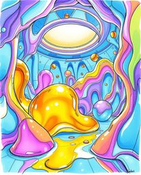 Explore a vibrant and surreal hand-drawn sketch featuring 3D fluid shapes reminiscent of melted glass, set within a hyperreal