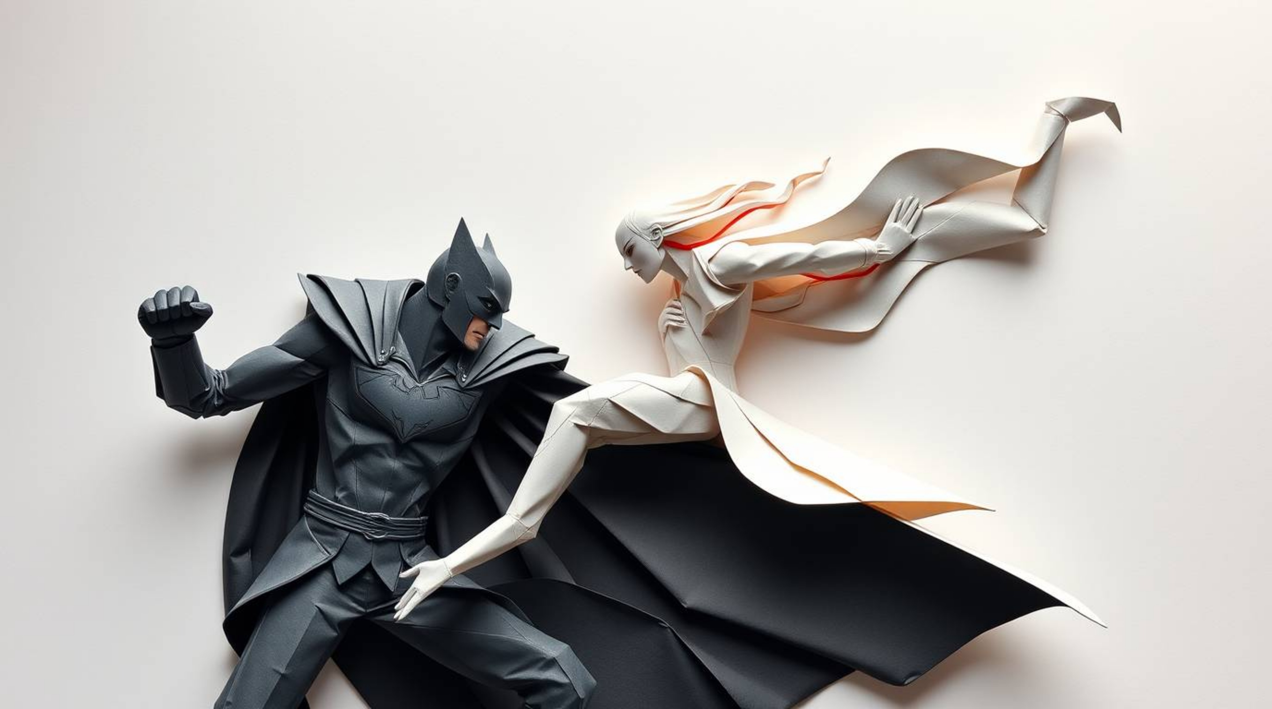 An intricate origami style artwork showcases a graceful superhero engaged in battle with a whimsical villain. The refined fea
