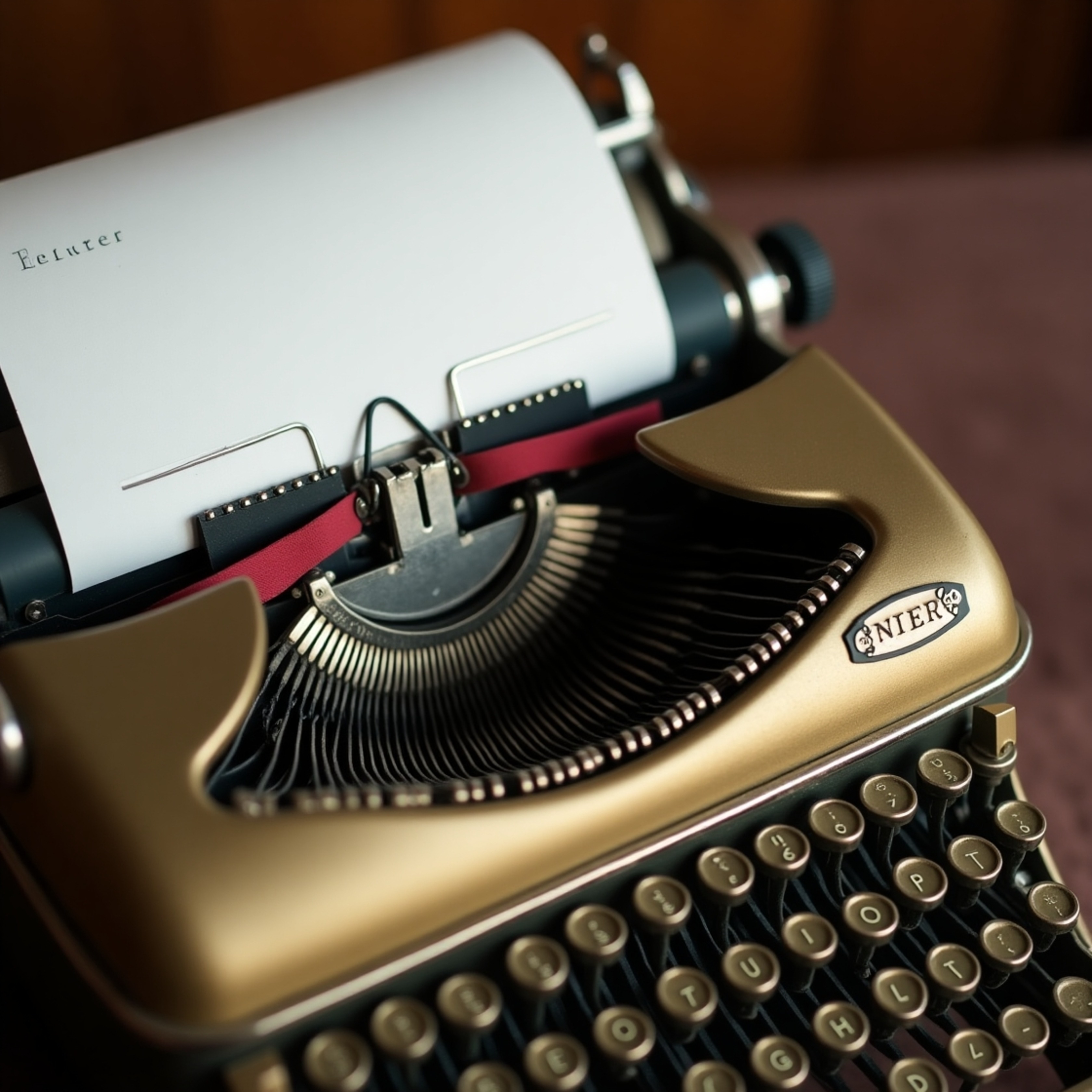 A detailed close-up showcasing the beauty of a vintage mechanical typewriter. This image highlights its worn golden body, orn