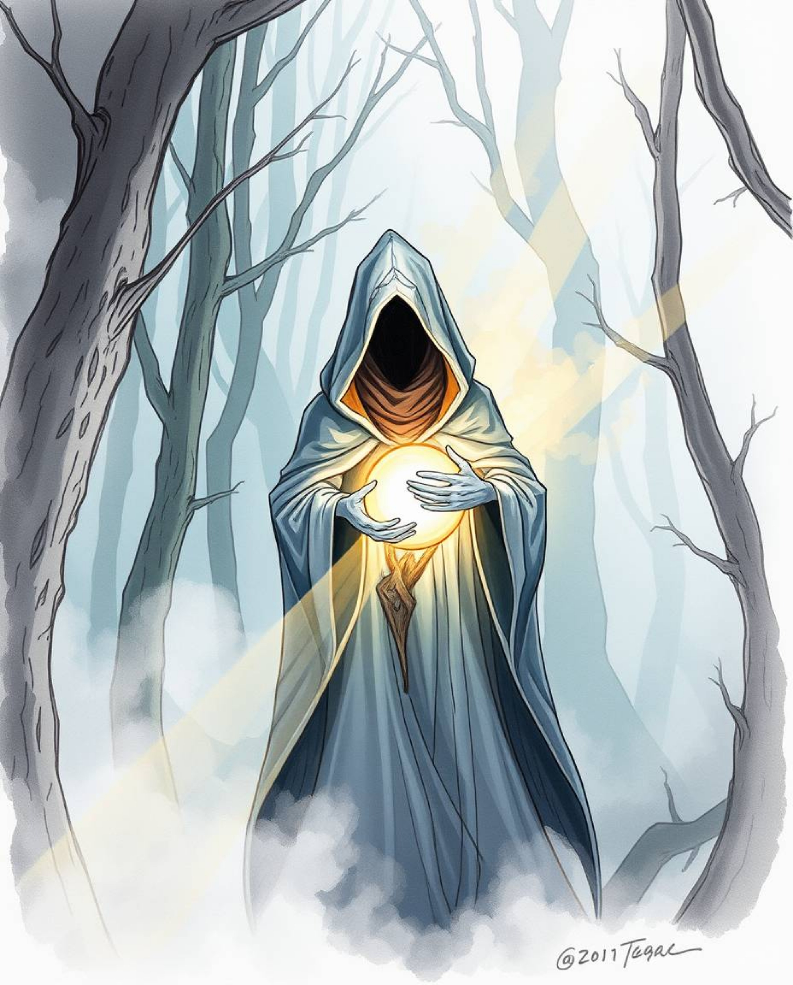 A hand-drawn color sketchnote depicts an ethereal cloaked figure standing in a misty forest, holding a glowing orb that illum
