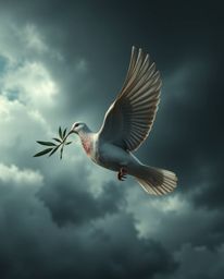 A captivating cast bronze sculpture depicts a dove carrying an olive branch amidst stormy skies.  The piece utilizes strong c