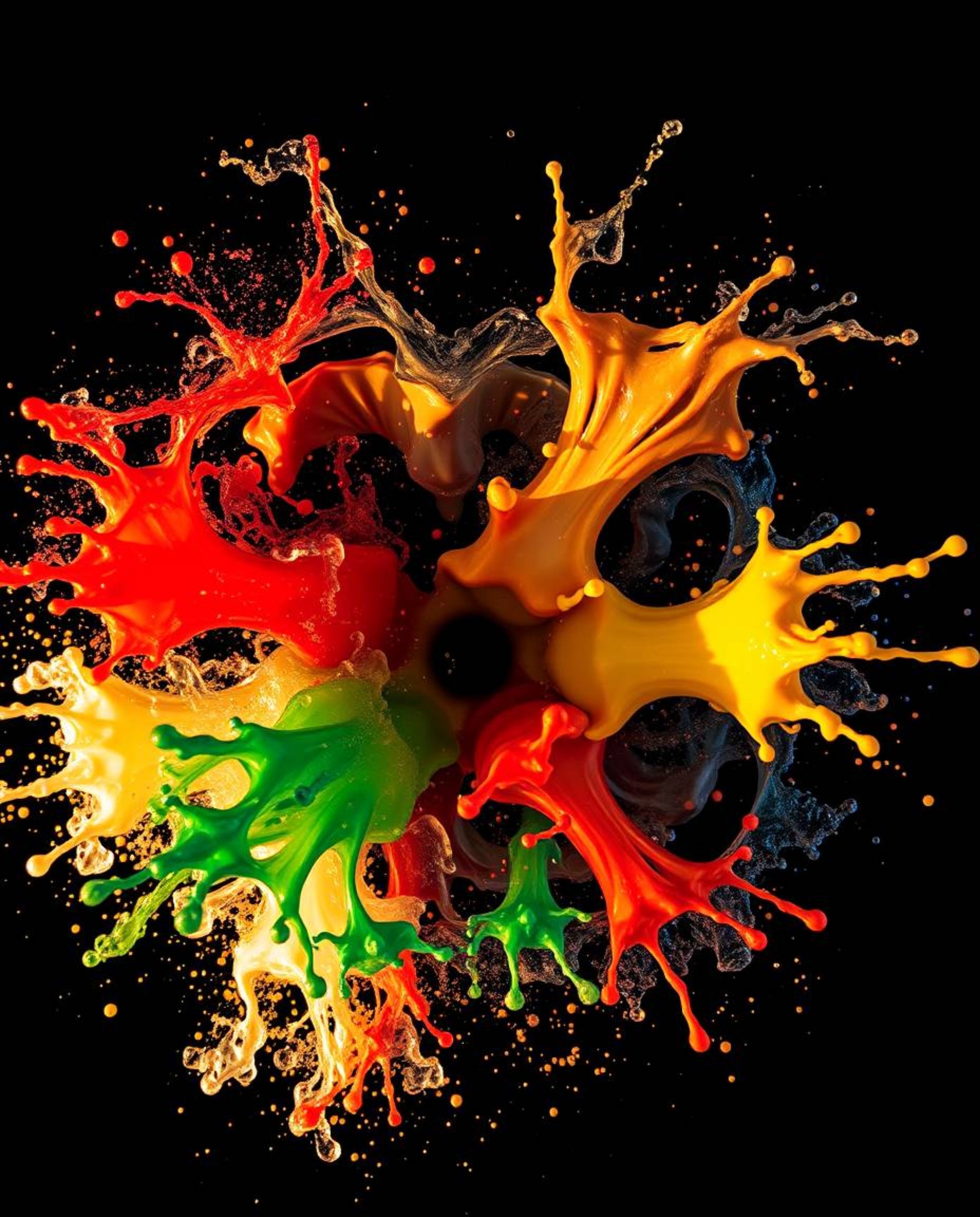 Experience the vibrant energy of dynamic colorful splashes suspended in time against a stark black backdrop. This overhead bi