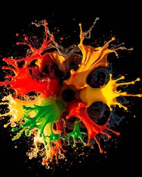 Experience the vibrant energy of dynamic colorful splashes suspended in time against a stark black backdrop. This overhead bi