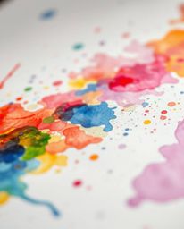 Experience the vibrant energy of colorful watercolor splashes blending seamlessly on paper.  This artwork captures a chaotic 