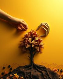 A captivating image showcases intricate origami-style hands planting a tree beneath a surreal, golden infrared sky.  The artw