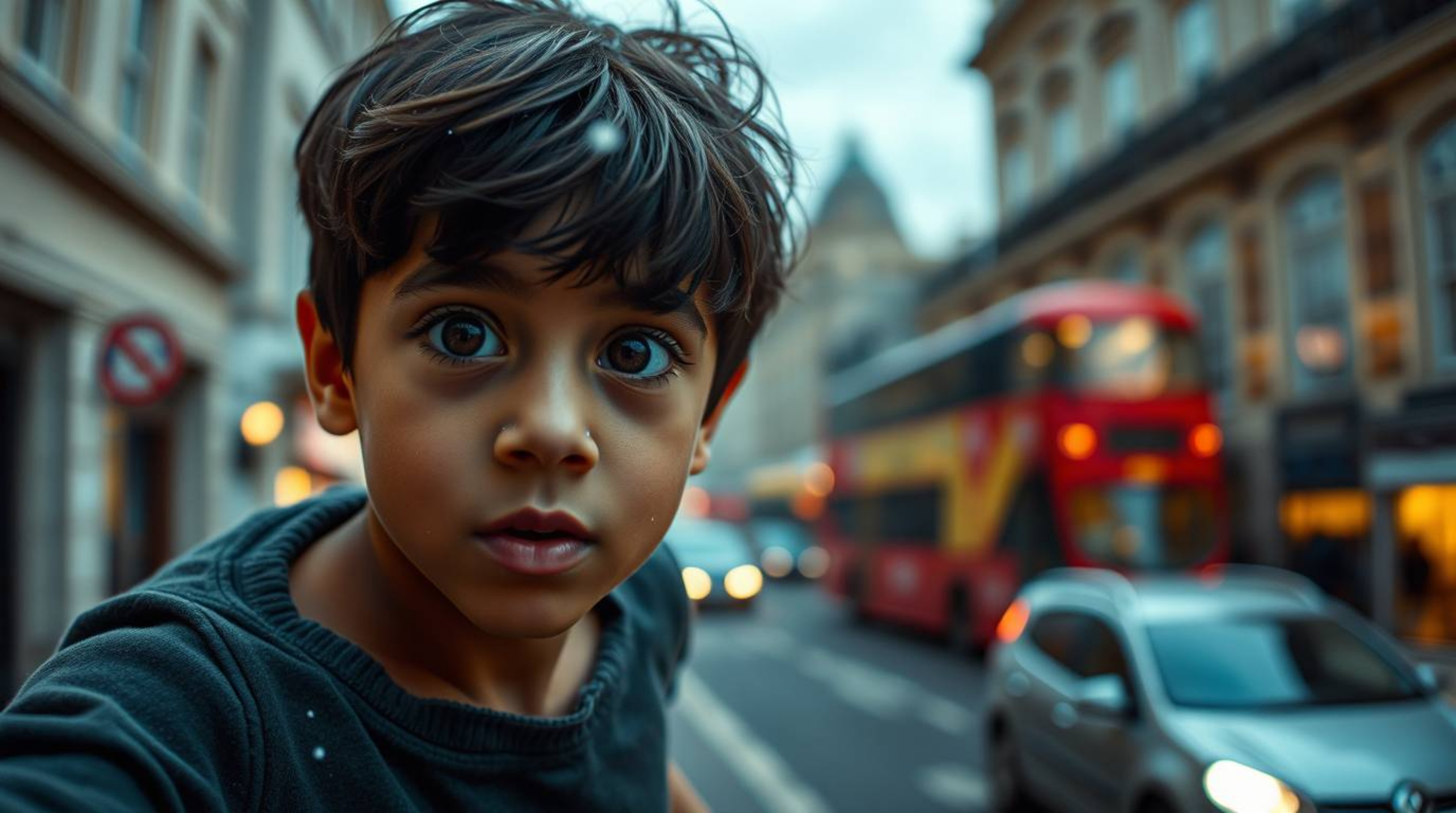 A captivating cinematic street photograph depicts a young boy with dark, expressive eyes and olive skin, magically flying abo