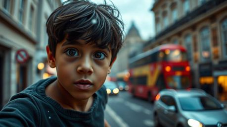 A captivating cinematic street photograph depicts a young boy with dark, expressive eyes and olive skin, magically flying abo