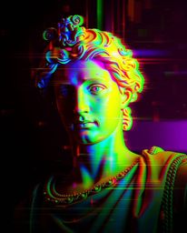 Explore a high-resolution, commercial-quality stock photo showcasing a classical sculpture creatively corrupted with a colorf