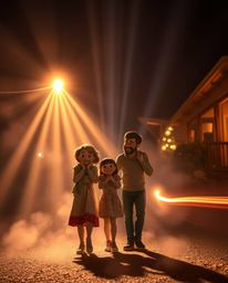 Capture the heartwarming emotion of a Pixar-style family reunion in a stunning long exposure photograph.  Volumetric lighting
