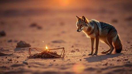 A truly unusual and original fine art photograph capturing a coyote in the desert setting up a ridiculous trap. The image fea