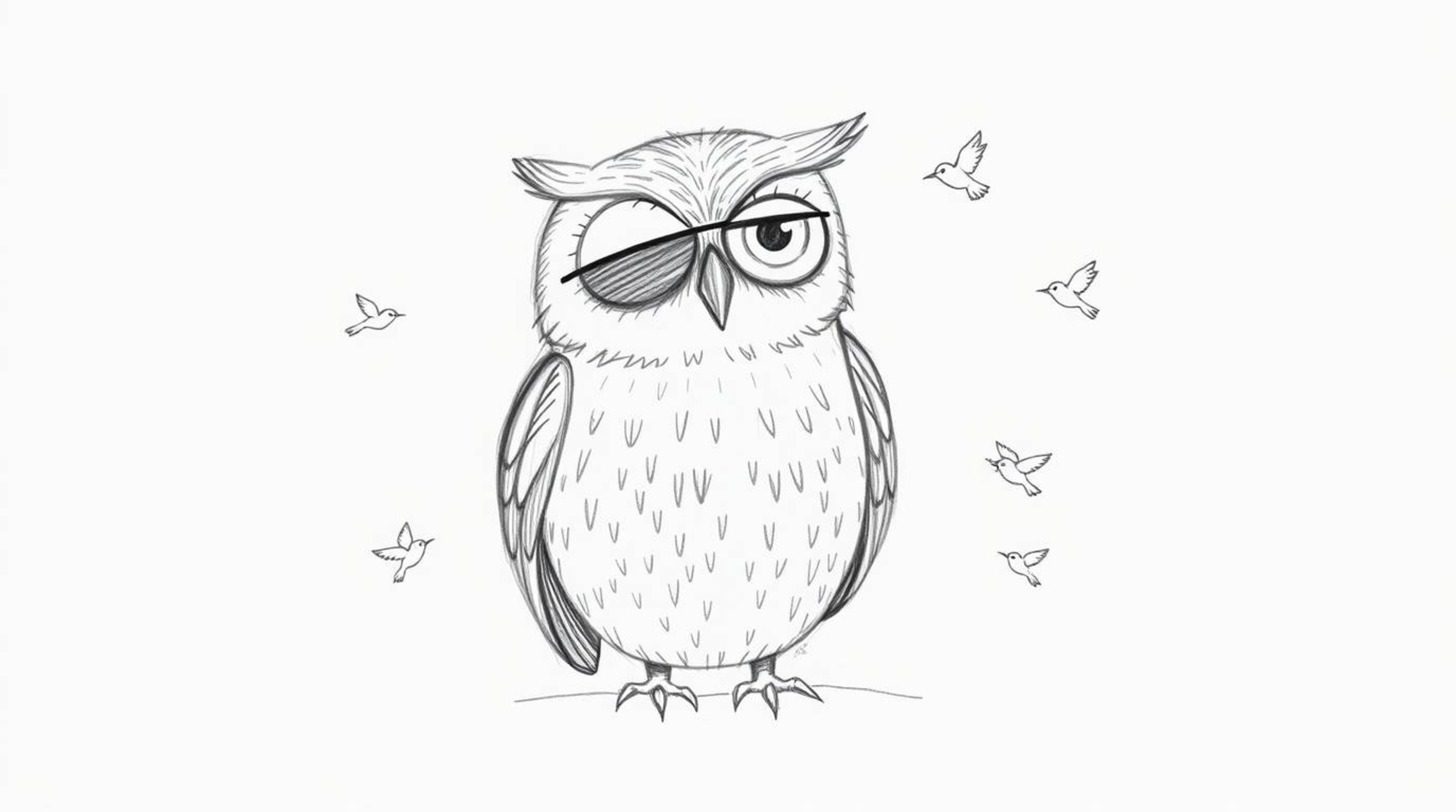 A heartwarming, Pixar-inspired hand-drawn sketch depicts a wise, blind owl with a calm expression, rendered with textured pen