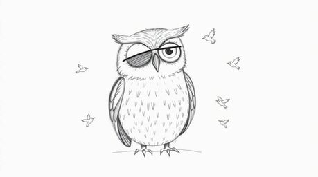 A heartwarming, Pixar-inspired hand-drawn sketch depicts a wise, blind owl with a calm expression, rendered with textured pen