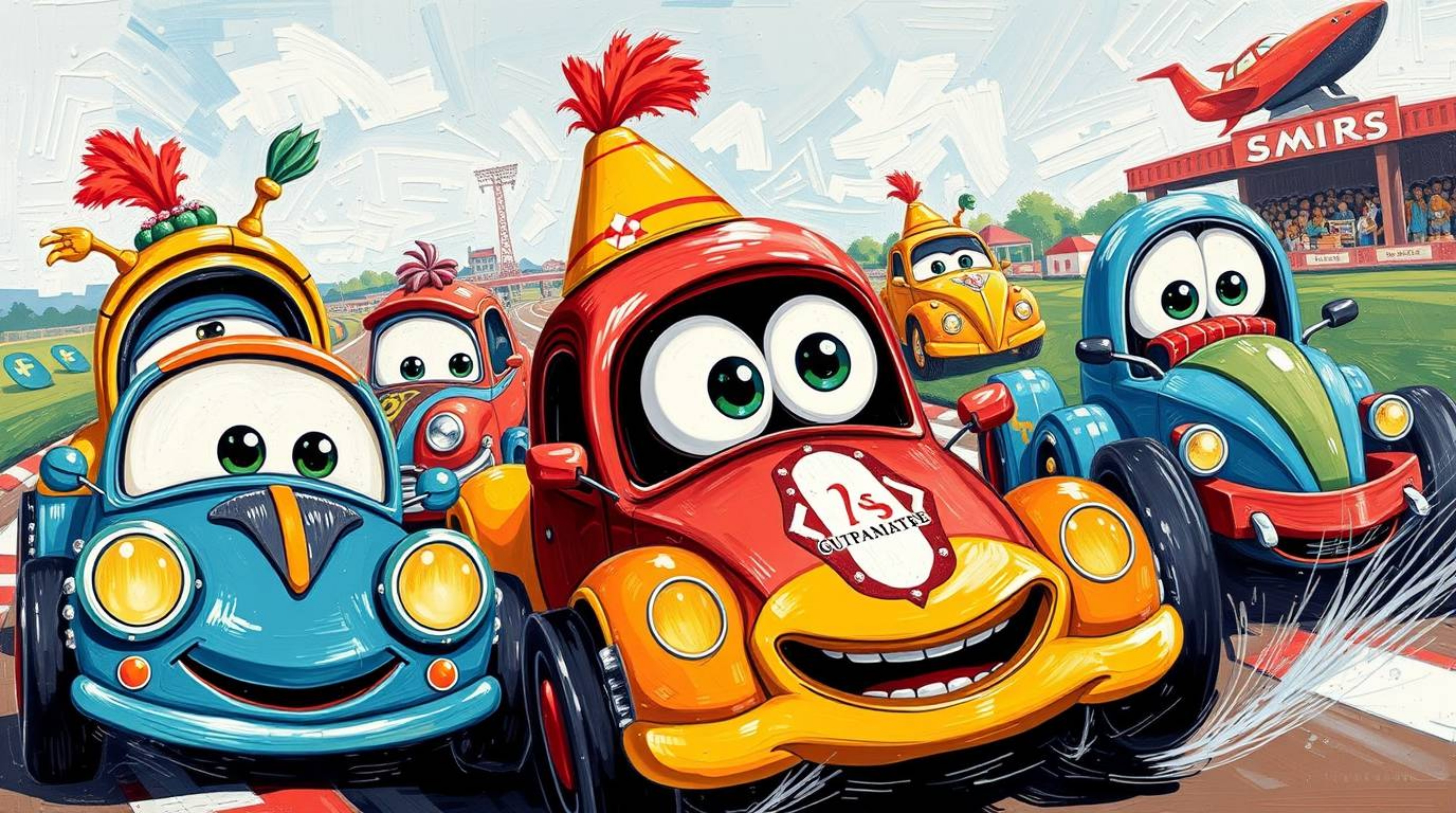 A bold acrylic painting depicts a charming and cute wacky racing scene featuring outlandish cars.  Vibrant colors and texture