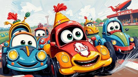 A bold acrylic painting depicts a charming and cute wacky racing scene featuring outlandish cars.  Vibrant colors and texture