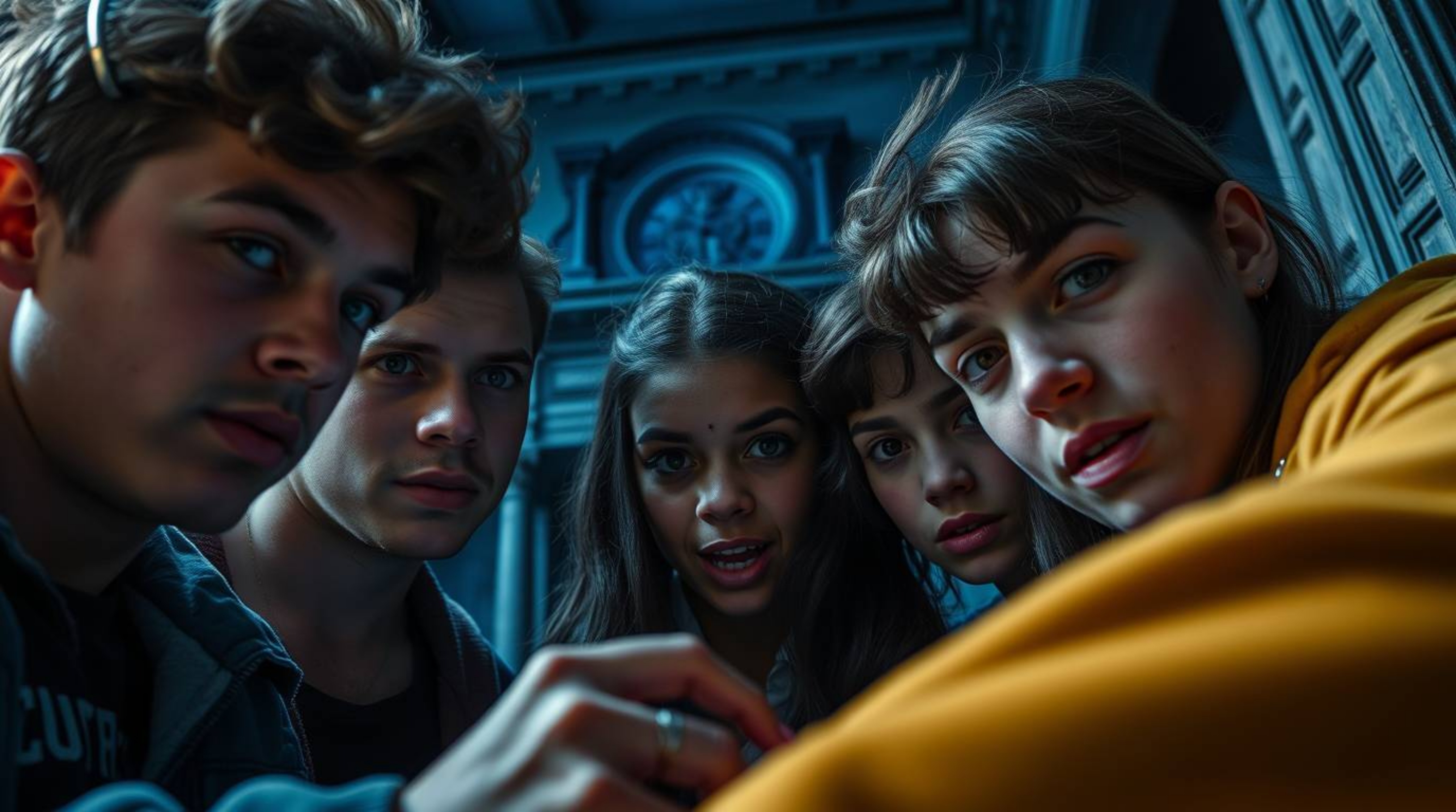 Explore an extreme macro photograph capturing a group of diverse teens with varied facial features and skin tones as they unr