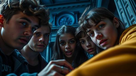 Explore an extreme macro photograph capturing a group of diverse teens with varied facial features and skin tones as they unr