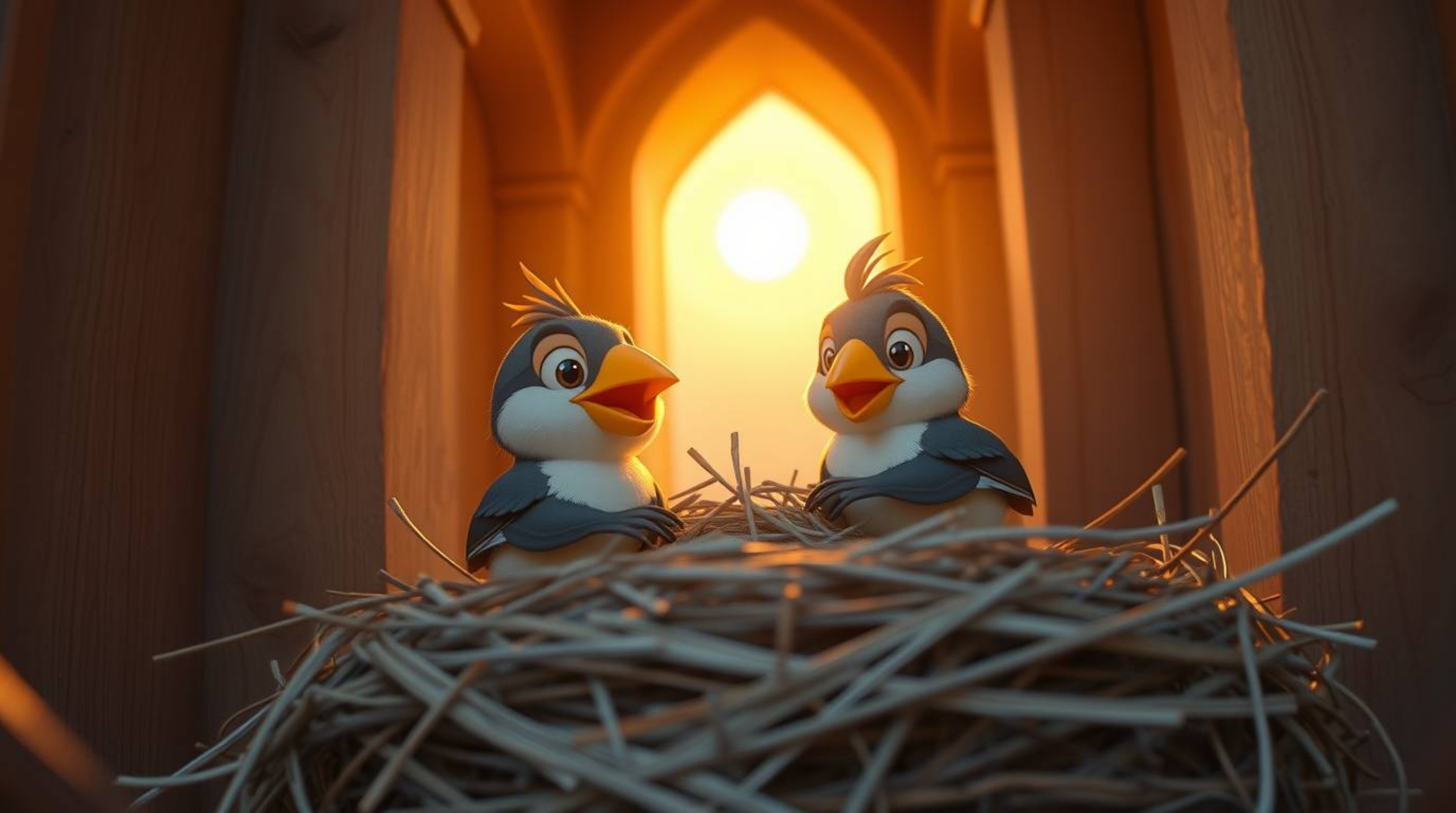 This collection features precise architectural color photographs showcasing extreme macro close-ups of two cartoon birds dili