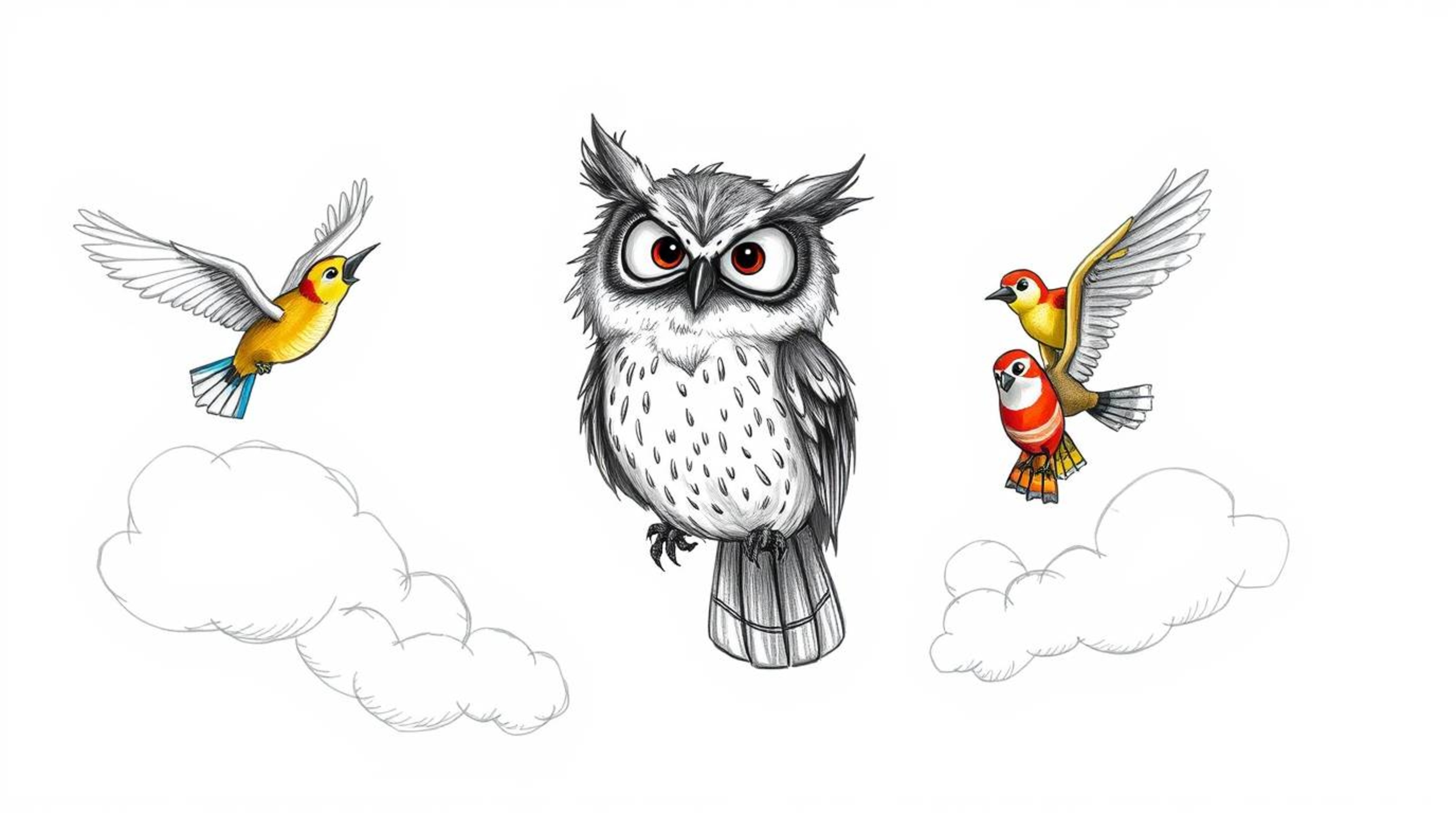 This is a hand-drawn sketch, created in a charming Pixar style, featuring a blind owl with unique, textured feathers. The wis