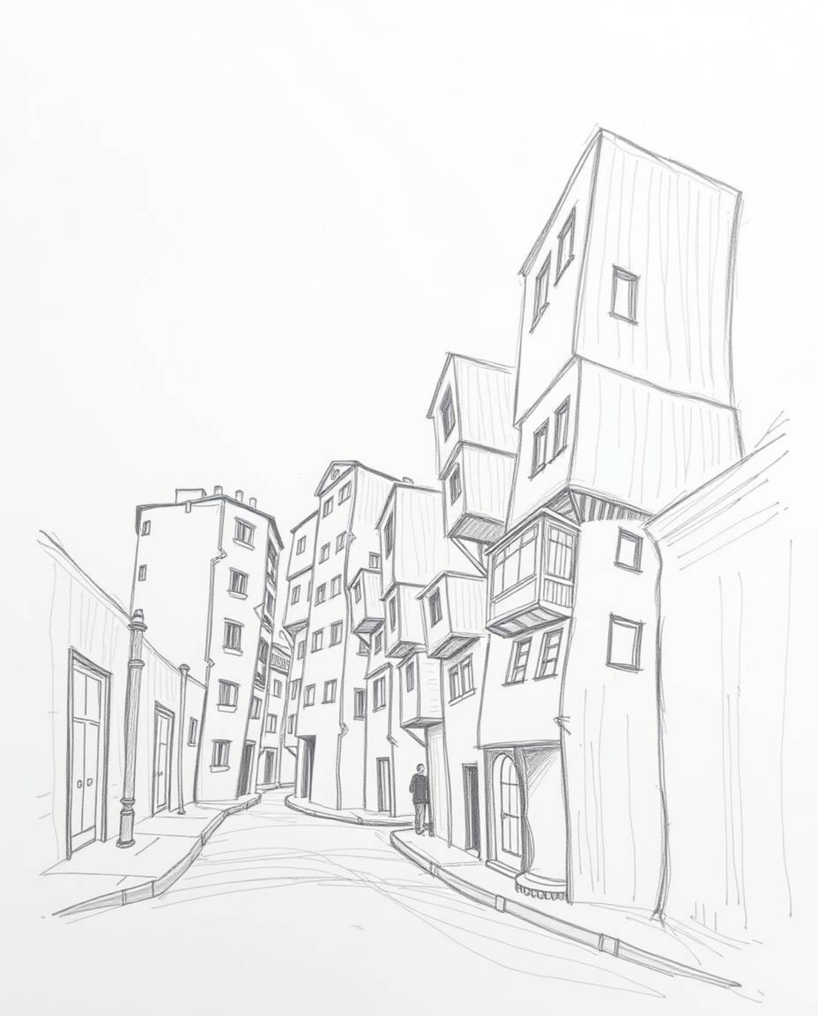 A captivating hand-drawn sketch depicts a surreal street scene where buildings fold and twist in unexpected ways.  Rendered i