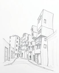 A captivating hand-drawn sketch depicts a surreal street scene where buildings fold and twist in unexpected ways.  Rendered i