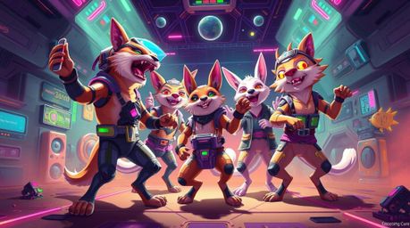 Dive into a futuristic animal dance party depicted in a vibrant digital illustration. This sci-fi inspired artwork showcases 