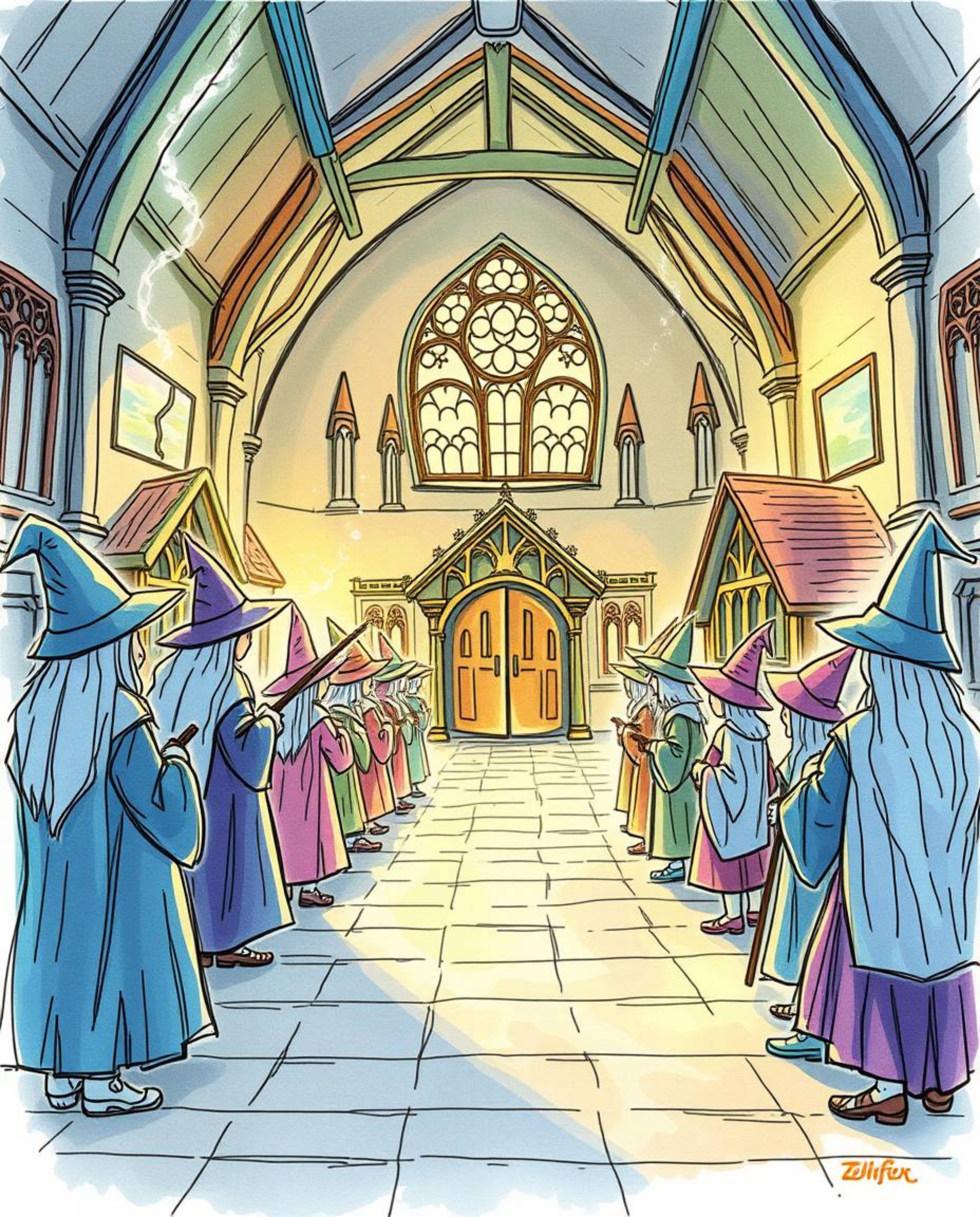 A vibrant, hand-drawn sketchnote depicts a magical school brimming with young wizards.  The illustration evokes an ethereal, 