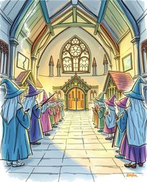 A vibrant, hand-drawn sketchnote depicts a magical school brimming with young wizards.  The illustration evokes an ethereal, 
