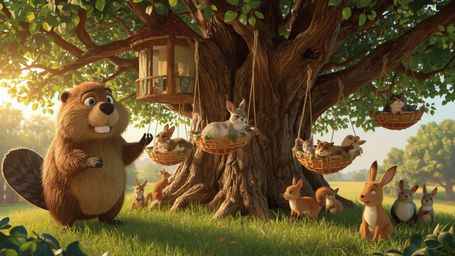 A high-resolution, commercially viable stock photo depicting a whimsical, Pixar-inspired beaver busily constructing a luxurio