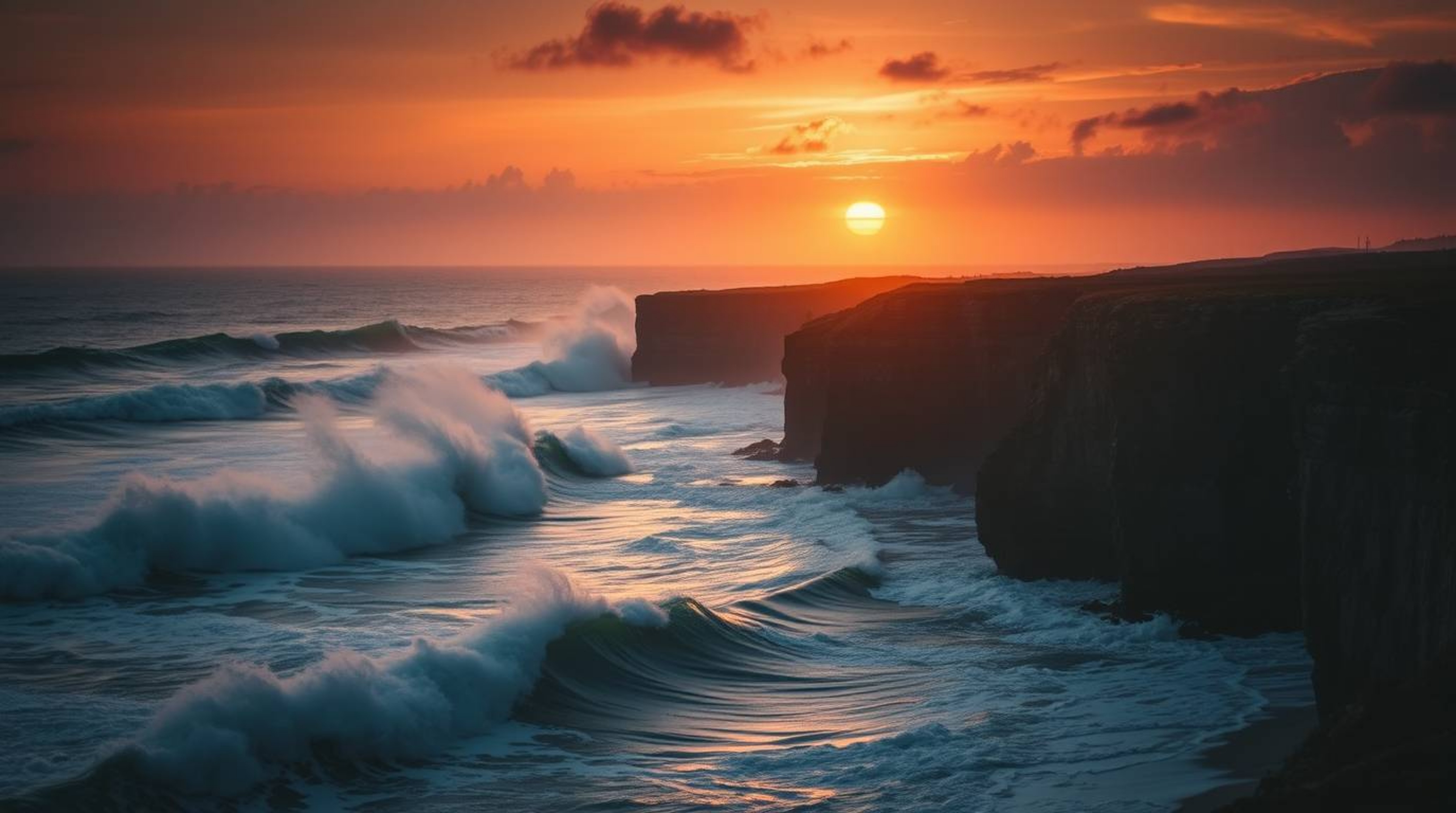 A breathtaking fine art photograph captures the dramatic moment of waves crashing against rugged cliffs at sunset.  The image