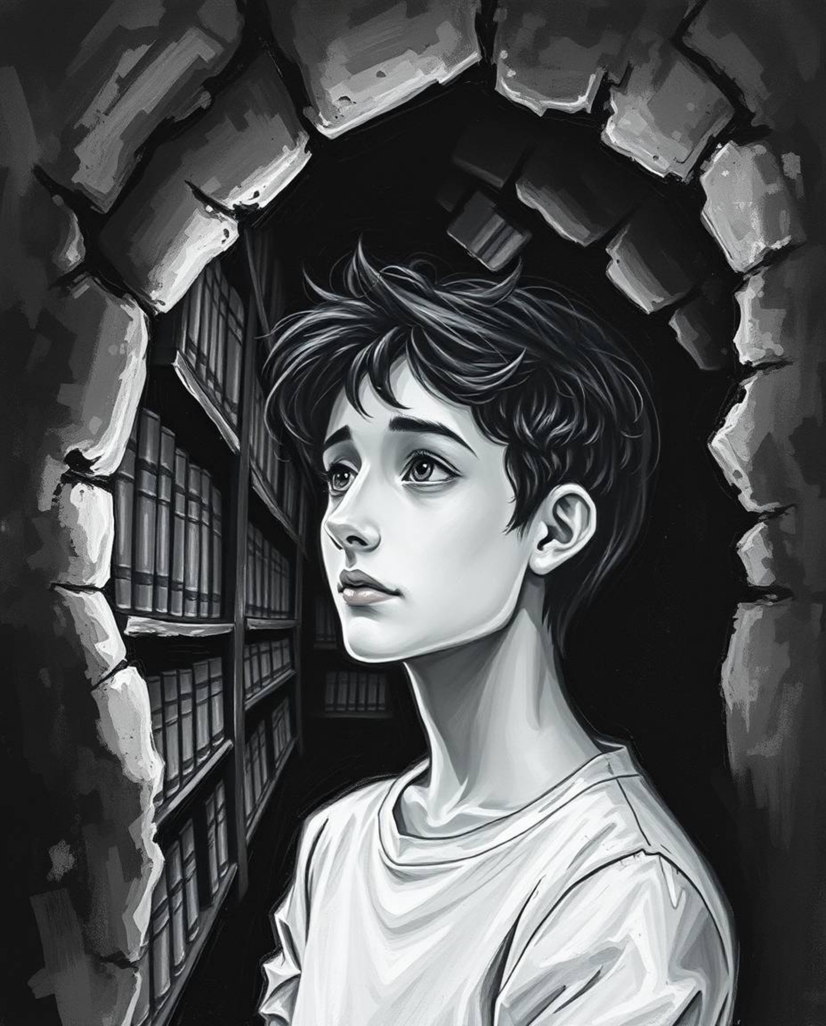 A classic black and white oil painting depicts a person with a thoughtful expression discovering a hidden underground library