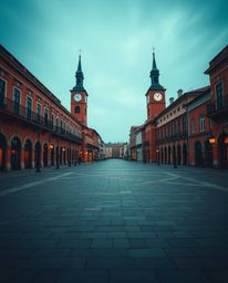 A series of evocative images depicting an empty town square, characterized by dramatic, film-like lighting and composition.  