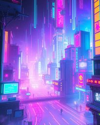 Explore a vibrant and mystical futuristic city rendered in a captivating glitch style.  Flickering lights, broken holograms, 