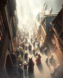 Explore a magical school teeming with young wizards, presented from a captivating high-angle perspective. Rendered in soft pa