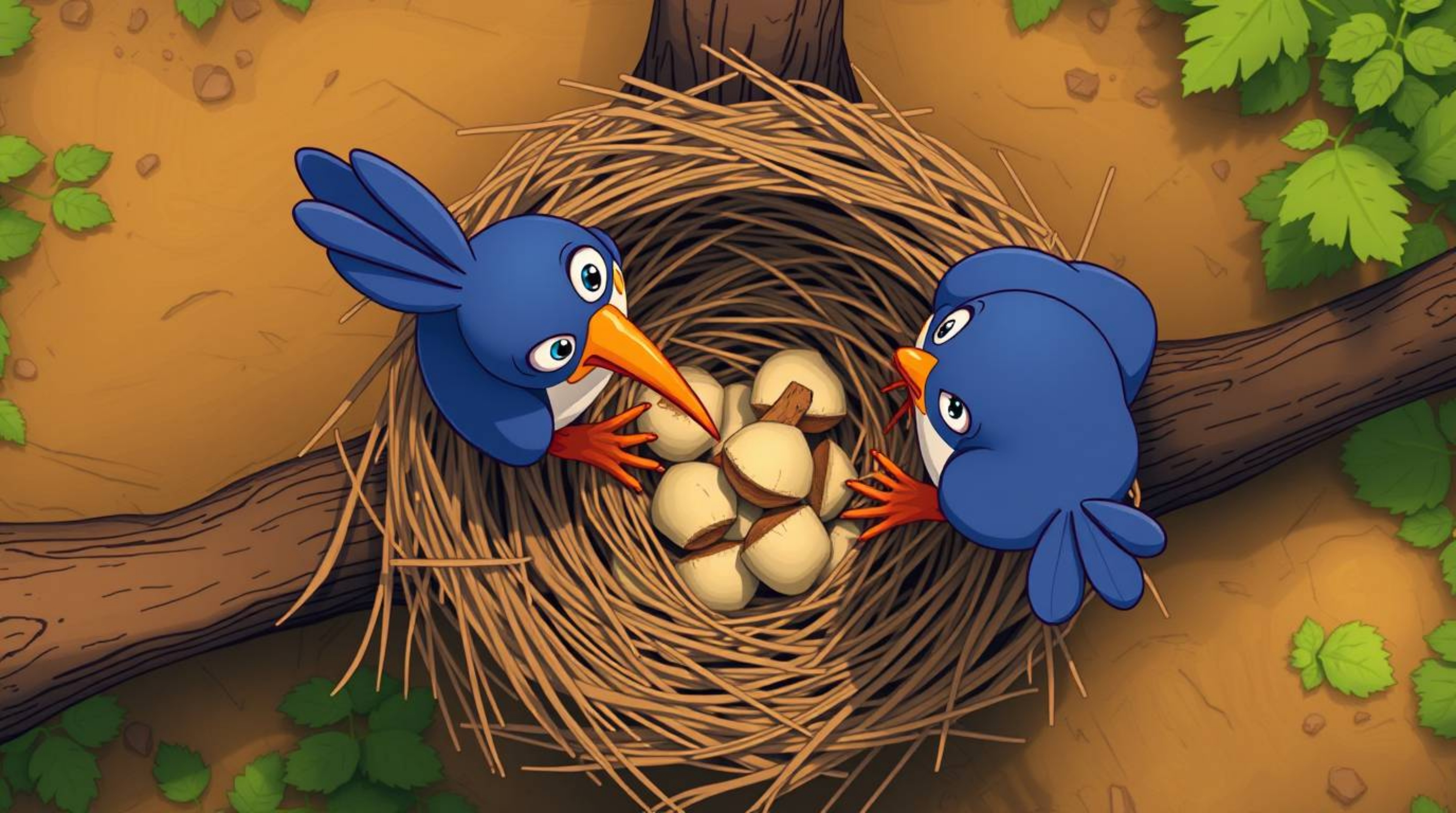 A captivating overhead view showcases two charming cartoon birds meticulously constructing their nest in a vibrant, classic a