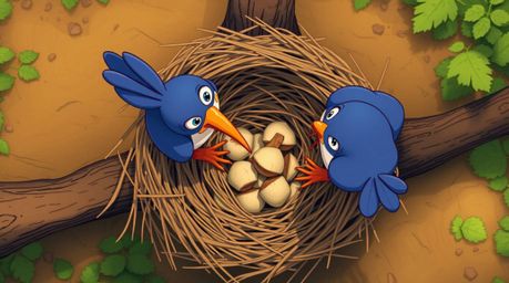 A captivating overhead view showcases two charming cartoon birds meticulously constructing their nest in a vibrant, classic a