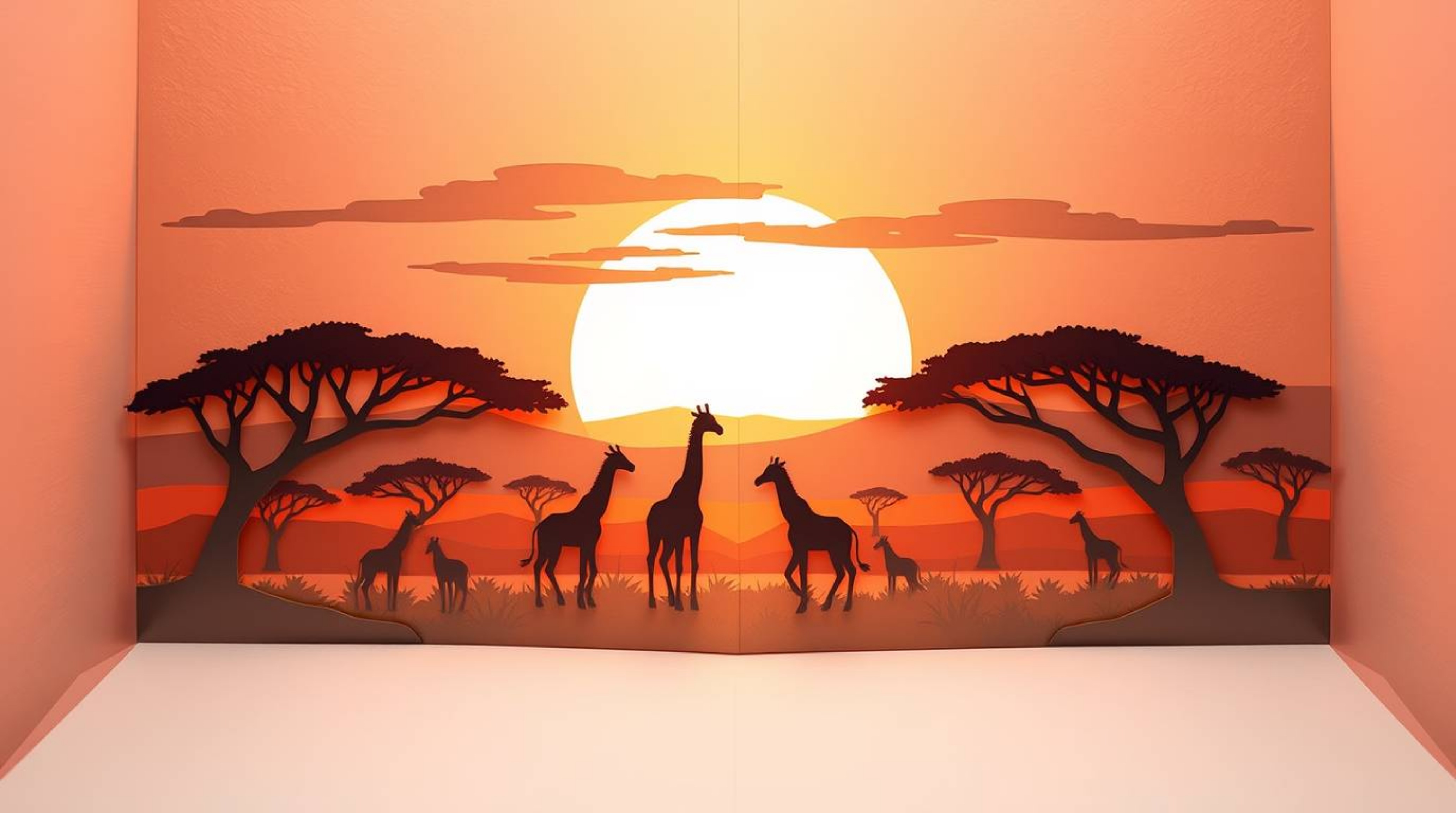 This artwork showcases an intricate origami-style illustration of a breathtaking sunset at the savanna, featuring silhouetted