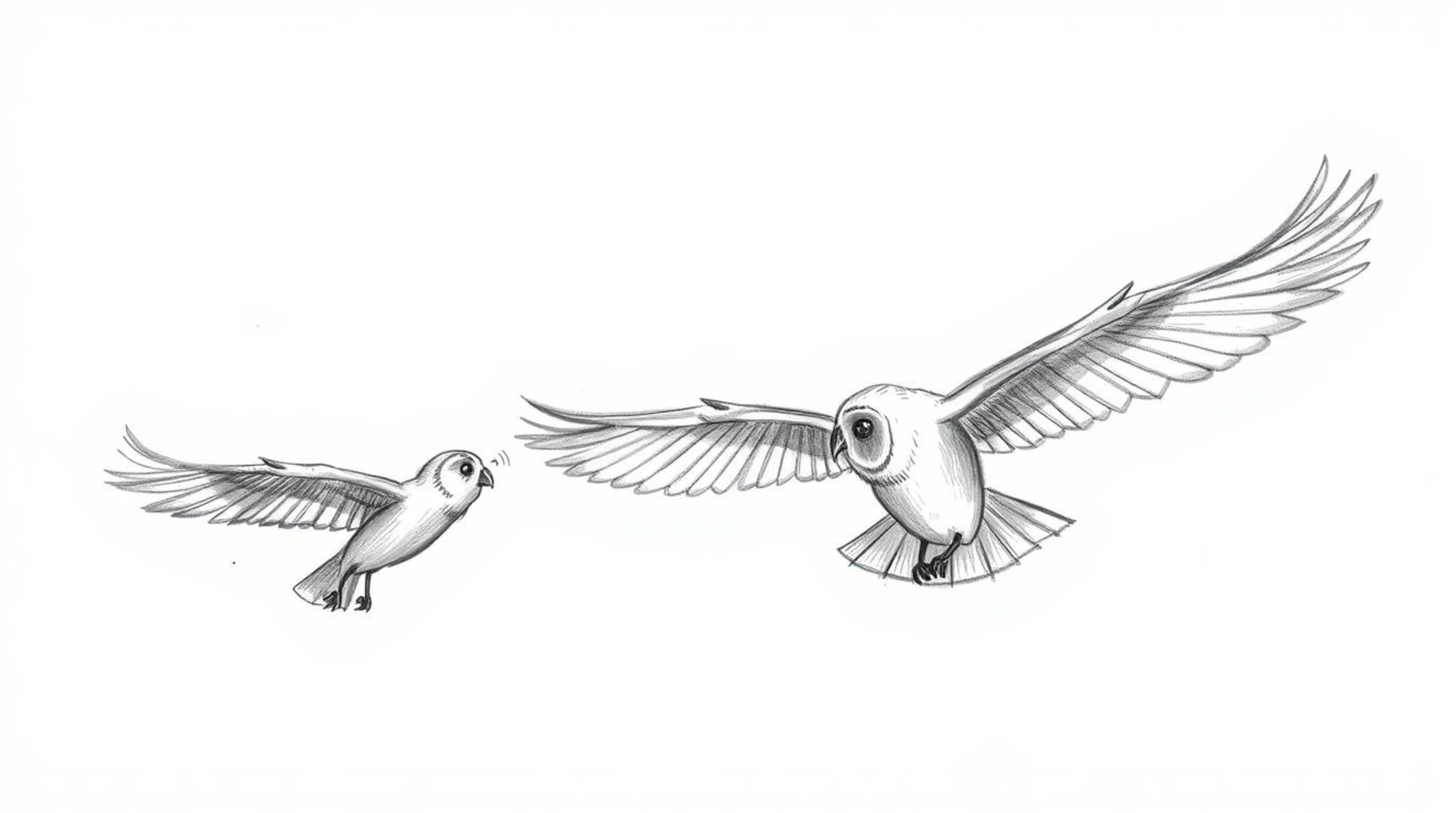 A heartwarming hand-drawn sketch in the style of Pixar depicts a blind owl patiently teaching birds to fly.  Soft pencil stro